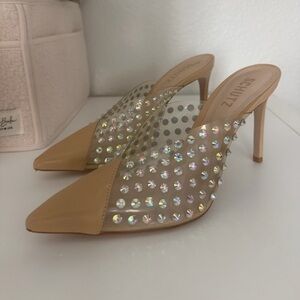 SCHUTZ Tan Clear Jeweled Pointed Mule Heels